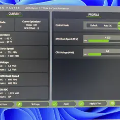 Ekran programu Ryzen Master z informacjami o temperaturze, taktowaniu i napięciu procesora AMD Ryzen 7 7700X.
