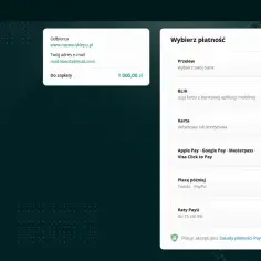 Wybór metody płatności PayU: przelew, BLIK, karta, Apple Pay, Google Pay, Masterpass, Visa Click to Pay, płatność odroczona lub raty.
