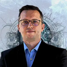 Mężczyzna w okularach i garniturze, z futurystycznym tłem. Czy to on, kto stworzył ChatGPT?