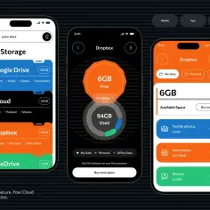 Aplikacja appcloud prezentuje interfejsy różnych usług chmurowych: Google Drive, iCloud, Dropbox i OneDrive, pokazując dostępne miejsce i kategorie plików.