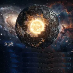 Gigantyczna sfera dysona otacza gwiazdę, a w oddali widać galaktykę i statki kosmiczne.