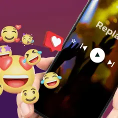 Radość z muzyki na replaio radio! Telefon z emotikonami wyrażającymi szczęście i serduszka.