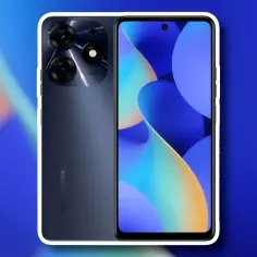 Dwa telefony Tecno Spark na niebieskim tle z gradientem.