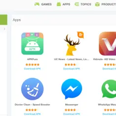 Strona główna sklepu z aplikacjami, prezentująca ikony popularnych aplikacji takich jak Facebook, WhatsApp i Messenger, z opcją pobierania.