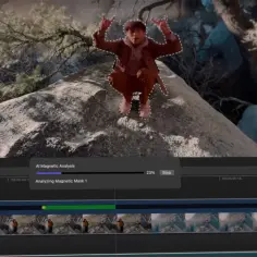 Edycja w Final Cut Pro: AI analizuje maskę magnetyczną wokół osoby na skale.