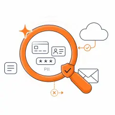 Grafika ilustruje, jak Cloudflare chroni dane osobowe (PII) – karty płatnicze, dane identyfikacyjne, hasła – przed zagrożeniami, symbolizując bezpieczeństwo w chmurze.