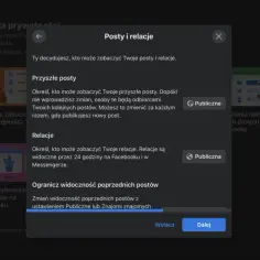 Okno dialogowe Facebooka z ustawieniami prywatności postów i relacji.