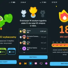 Gratulacje! Zająłeś #1 miejsce w lidze Duolingo. Super cena za naukę! 18 dni serii.