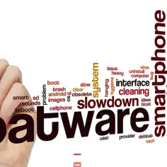 Ręka pisze markerem "bloatware", otoczone słowami kluczowymi jak "smartphone", "software", "cleaning", "debloat".