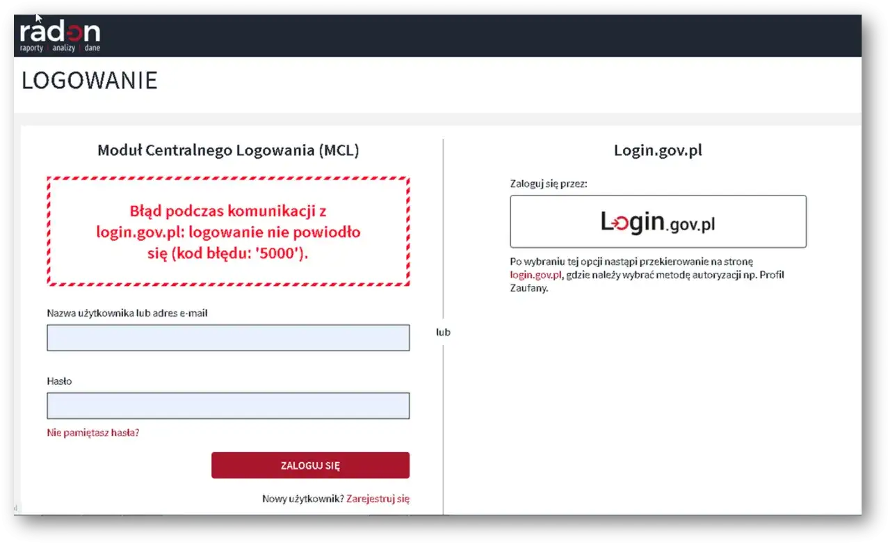 Awaria profilu zaufanego: błąd komunikacji z login.gov.pl podczas logowania.