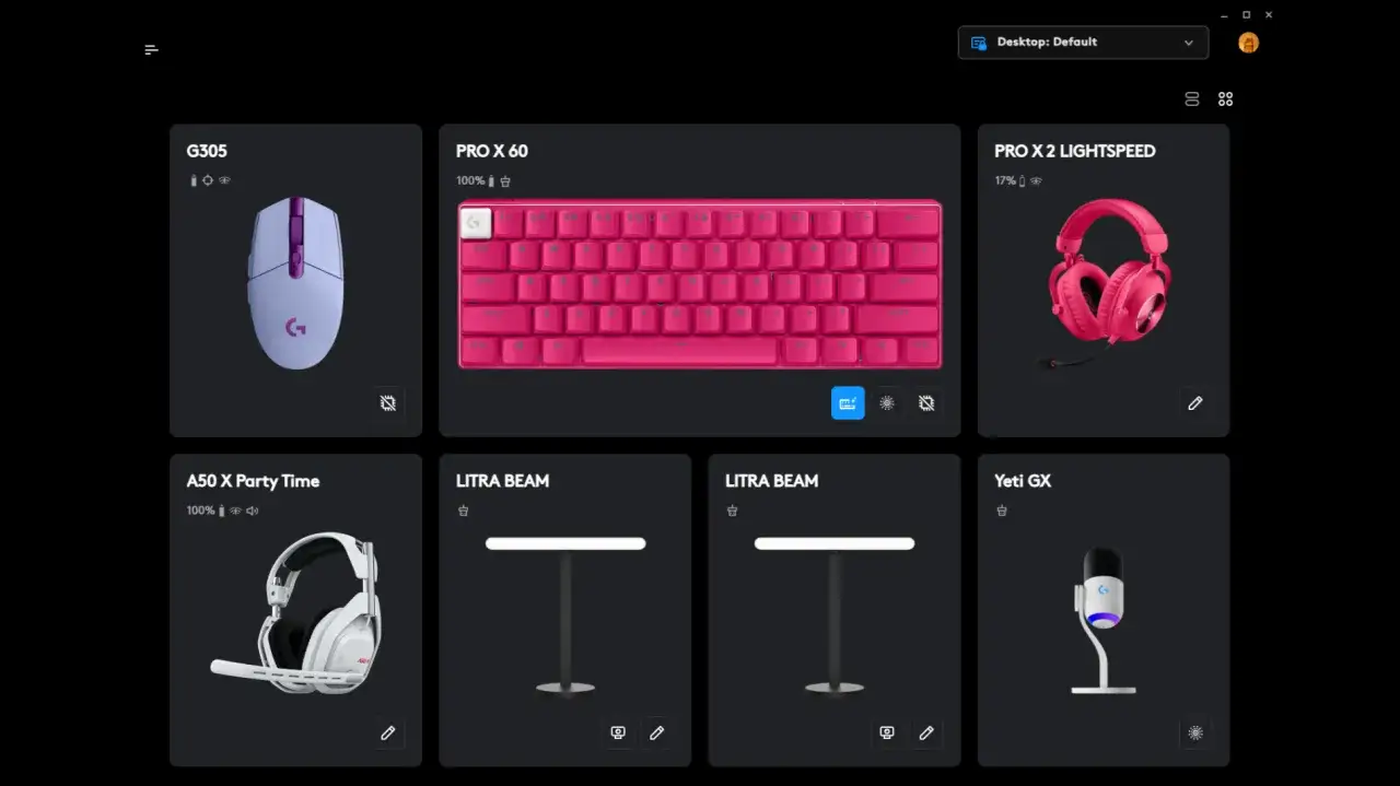 Ghub: różowa myszka G305, klawiatura PRO X 60, słuchawki PRO X 2, białe słuchawki A50, lampki LITRA BEAM i mikrofon Yeti GX.