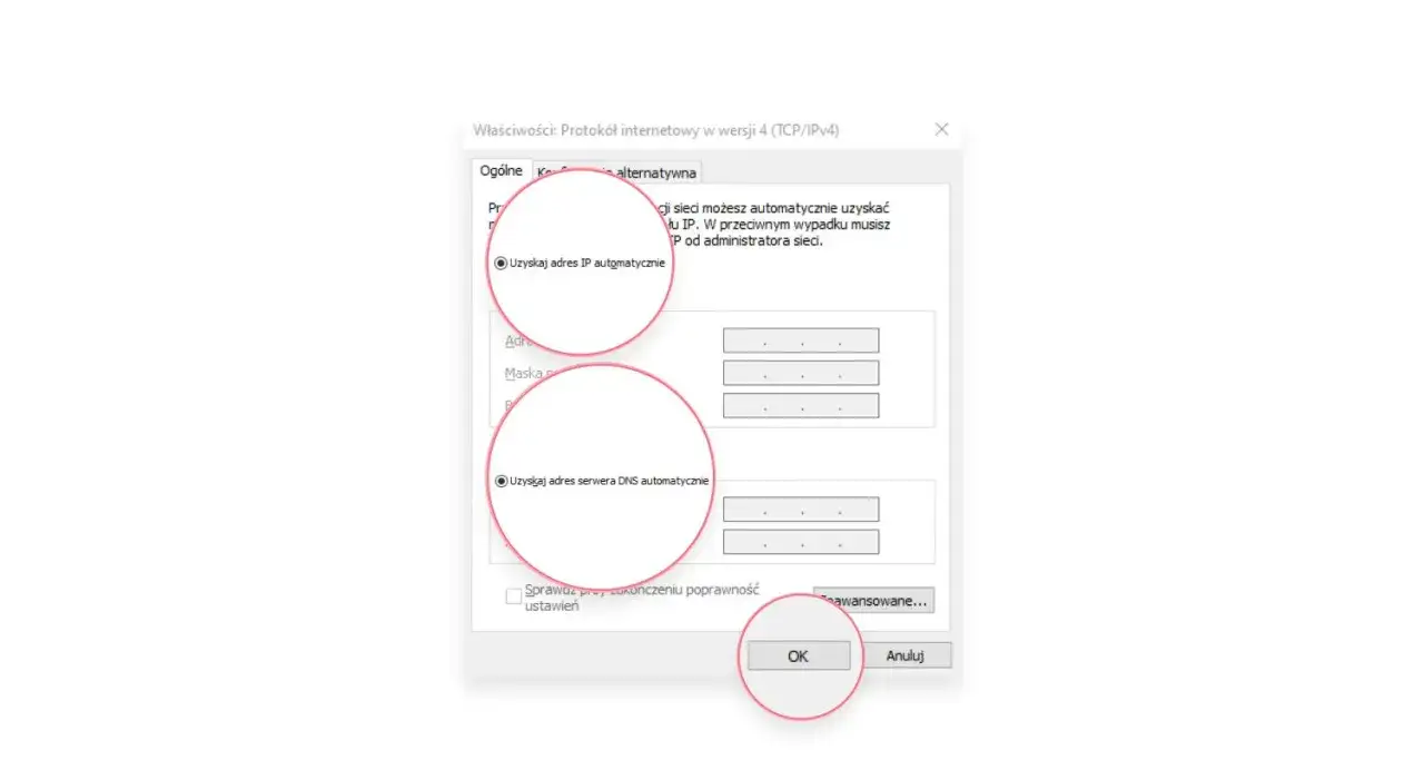 Ustawienia protokołu TCP/IPv4. Karta sieciowa ethernet nie ma poprawnej konfiguracji protokołu IP. Wybrano automatyczne uzyskiwanie adresu IP i serwera DNS.