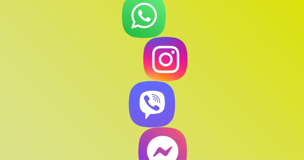 Ikony popularnych komunikatorów: WhatsApp, Instagram, Viber i Messenger ułożone pionowo na żółtym tle.