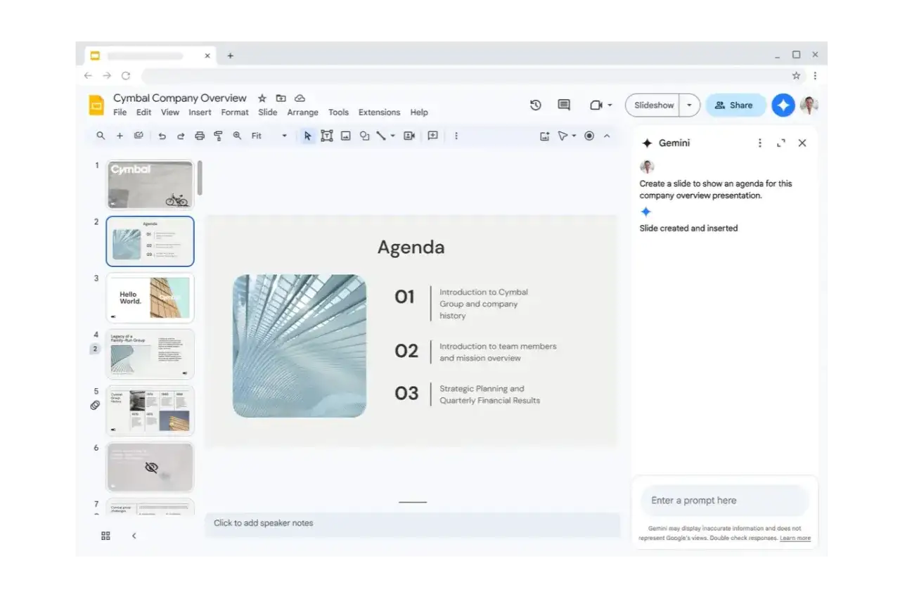 Prezentacja Google Slides z agendą, tworzona z pomocą Gemini. Sprawdź google workspace cena, by poznać koszty.