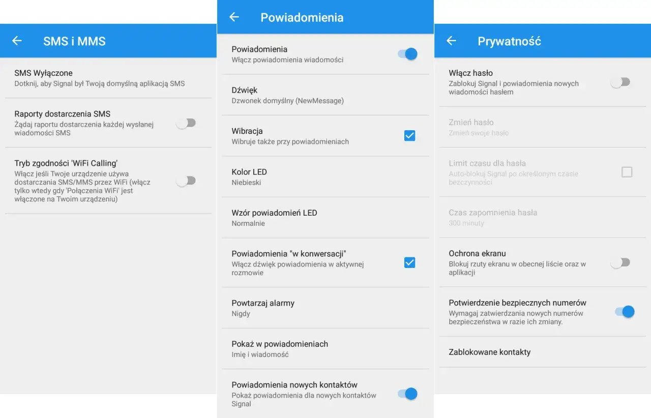 Ustawienia powiadomień i prywatności w aplikacji Signal. Możesz tu zarządzać powiadomieniami SMS, dźwiękami, wibracjami, a także ustawić blokadę hasłem.