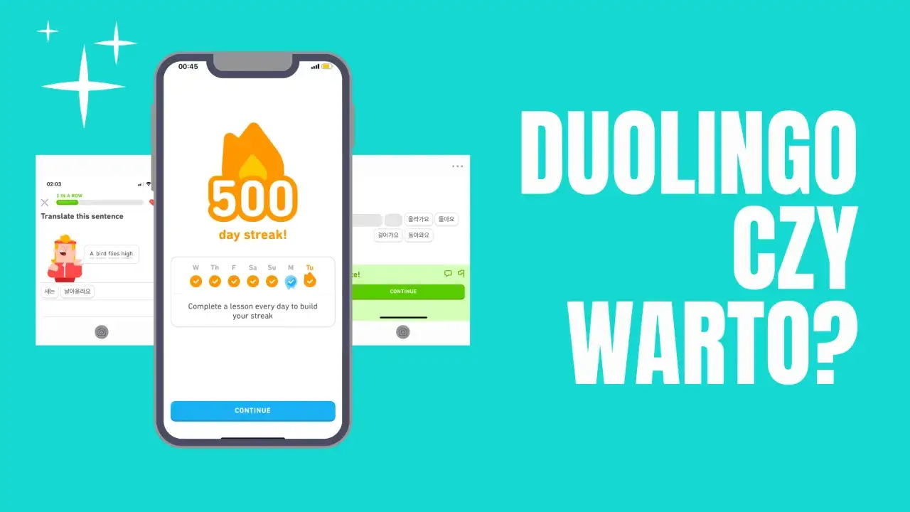 Aplikacja Duolingo z 500-dniową serią i pytaniem
