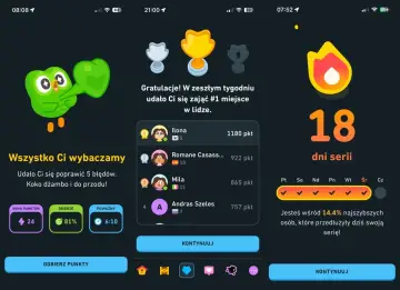 Gratulacje! Zająłeś #1 miejsce w lidze Duolingo. Super cena za naukę! 18 dni serii.