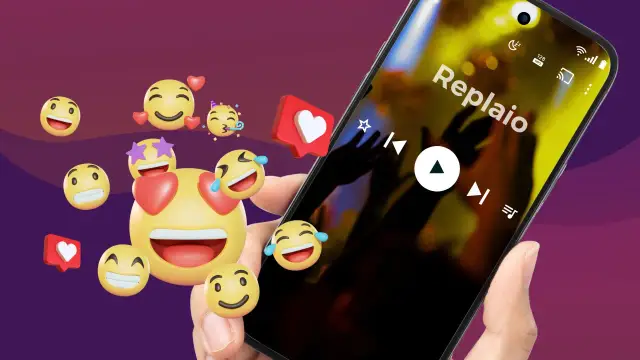 Radość z muzyki na replaio radio! Telefon z emotikonami wyrażającymi szczęście i serduszka.