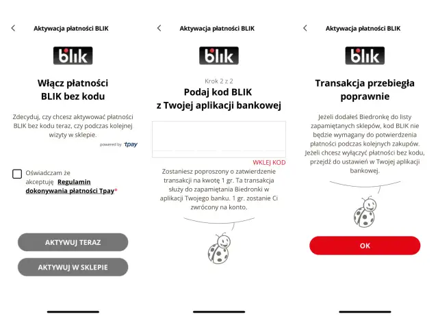 Aktywacja płatności BLIK w Biedronce. Można płacić Blikiem bez kodu, po zatwierdzeniu transakcji 1 gr. z aplikacji bankowej.